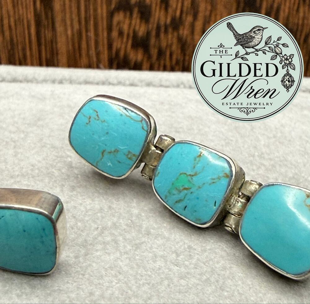 Vintage Turquoise Sterling Silver Hinged Dangle Earrings 925 Articulated 1.6"
